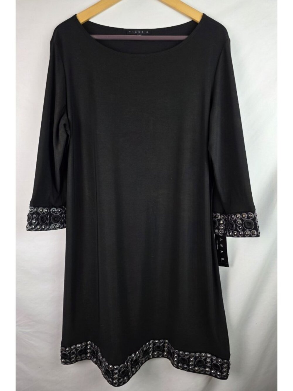 Tiana B. Women's Dress Size XL Black 3/4 Sleeve Embellished Beaded Trim Shift